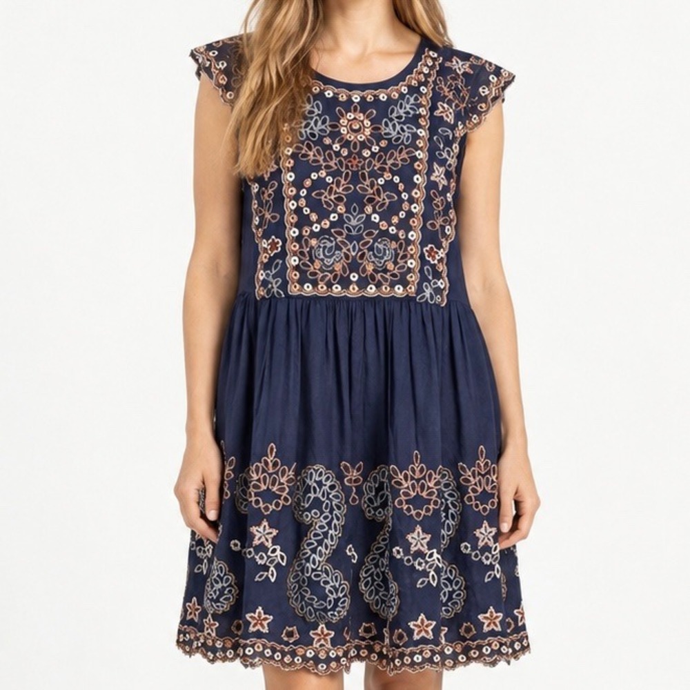 Vanessa Virginia Anthropologie Navy Blue Embroidered Beaded Eyelet Mini Dress